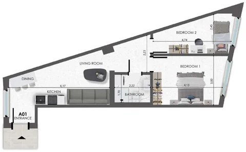 Original developer floor plan of A01, 58.70 square metres