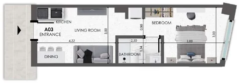 Original developer floor plan of A03, 34.00 square metres