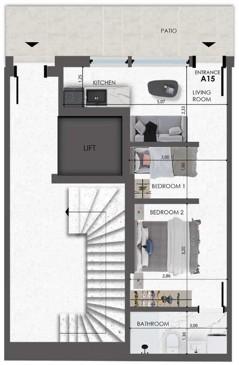 Original developer floor plan of A15, 33.60 square metres