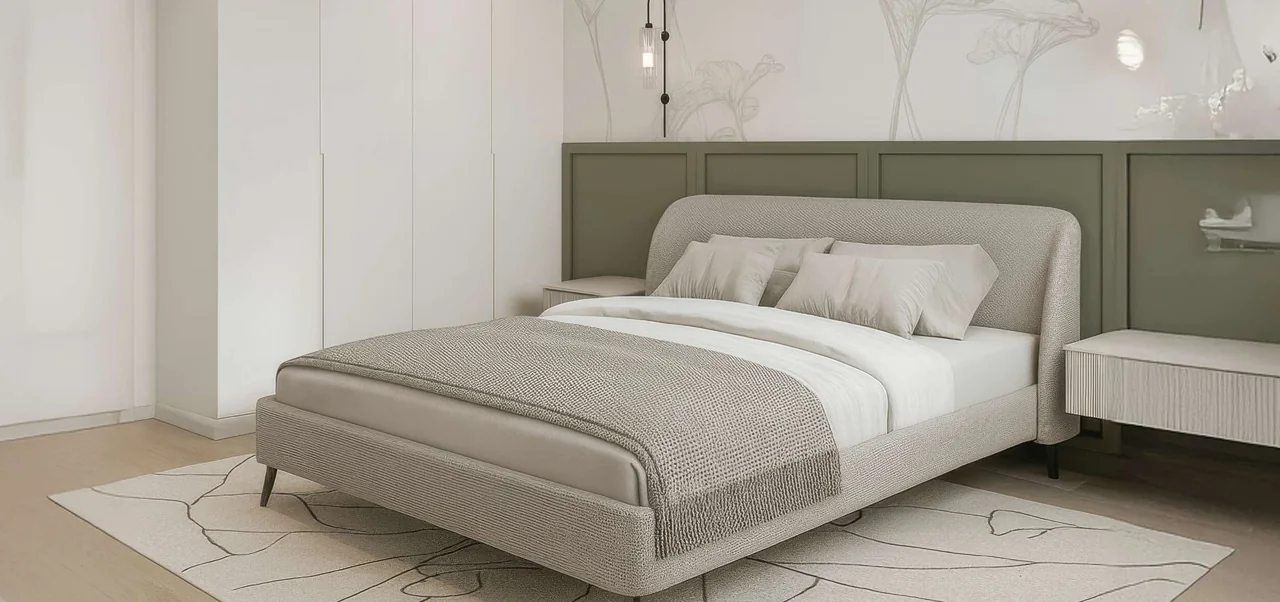 Calm bedroom interior with pale green joinery and natural finishes, architectural visualisation