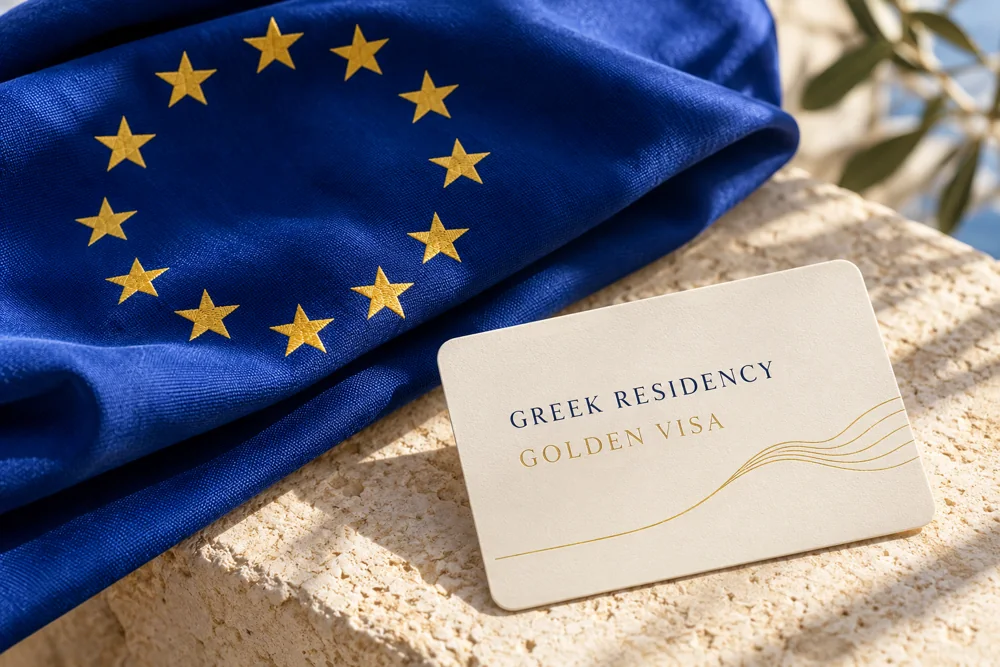 European Union flag beside a conceptual Greek residency card