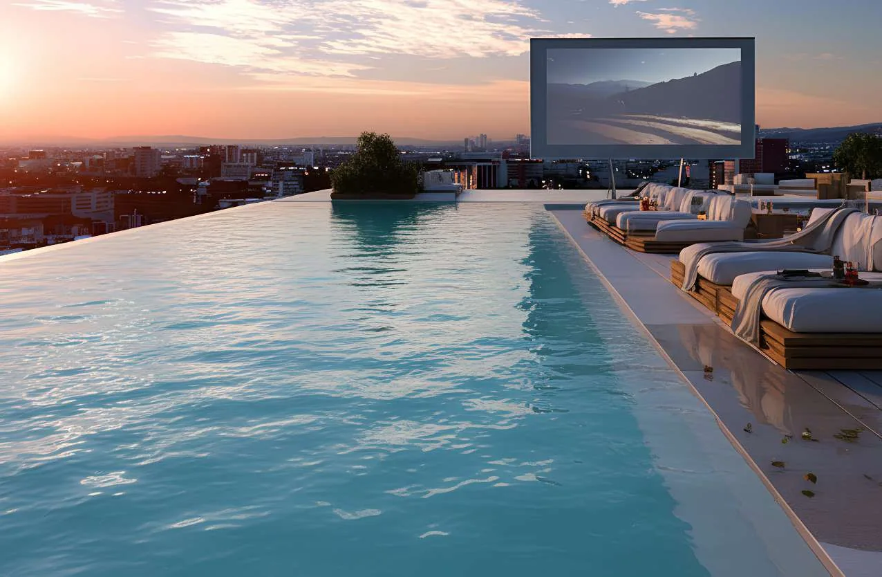 Developer’s visualisation of the Serenity rooftop pool and open-air cinema at sunset