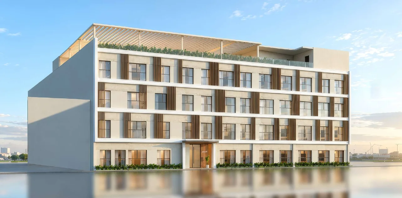 The Serenity Residence facade, with balconies and a rooftop pergola, in the developer’s visualisation